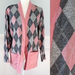 Vintage Graff Pink and Gray Argyle Cardigan Sz Large Preppy Open Front Clueless